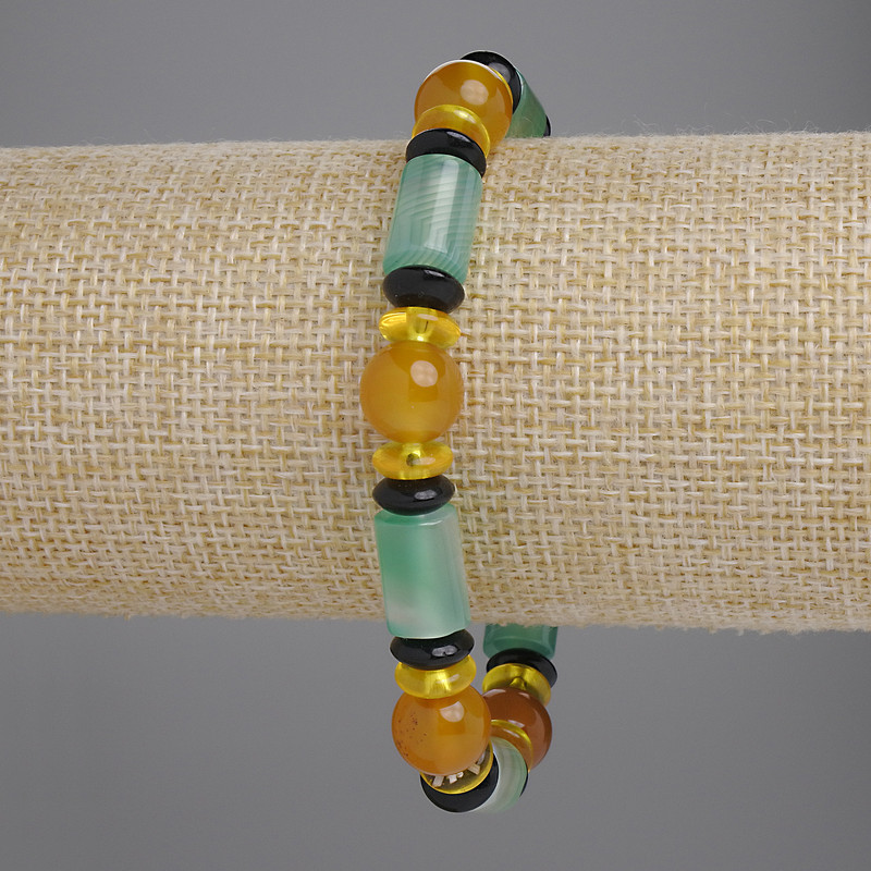 Agate Bracelet with Cylindrical Beads, diameter 12x8 mm ±, Rondelle Beads 8x3 mm ±, Ball Beads 10 mm ±, Length 22 cm ±, Elastic