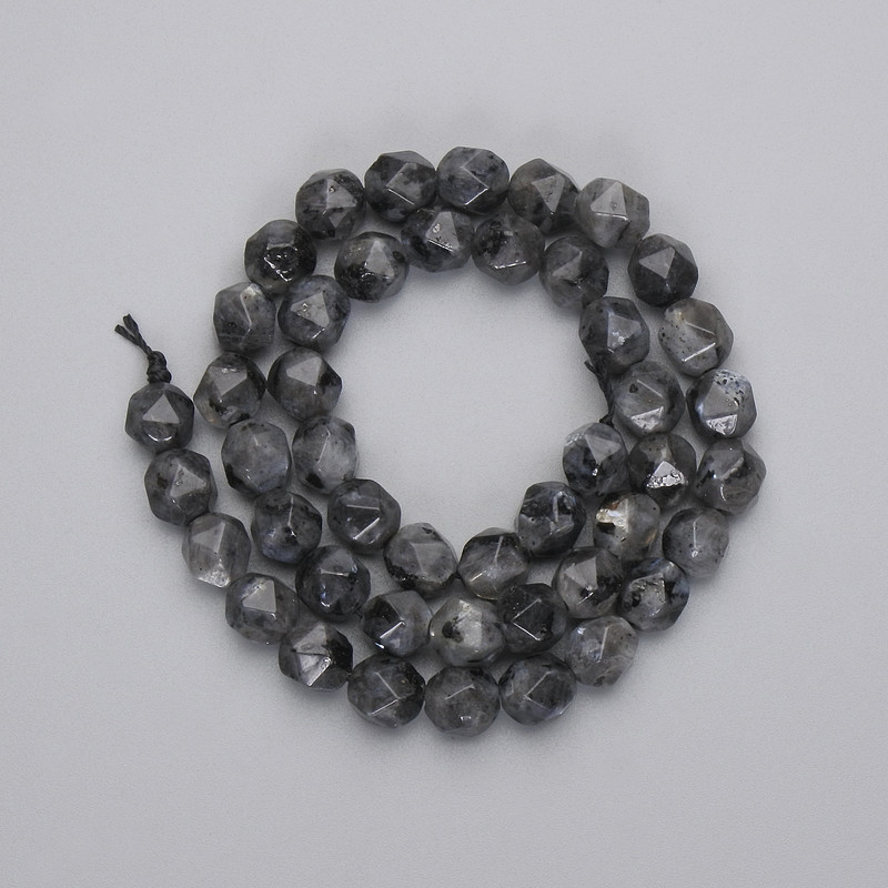 Larvikite beads, faceted, 8×7 mm diameter, on a thread, 37 cm long