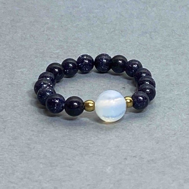 Ring with Aventurine 'Night of Cairo' smooth beads, 4 mm diameter ±, Opalite beads 5.5 mm ±, Hematite beads 2 mm ±, stretch cord