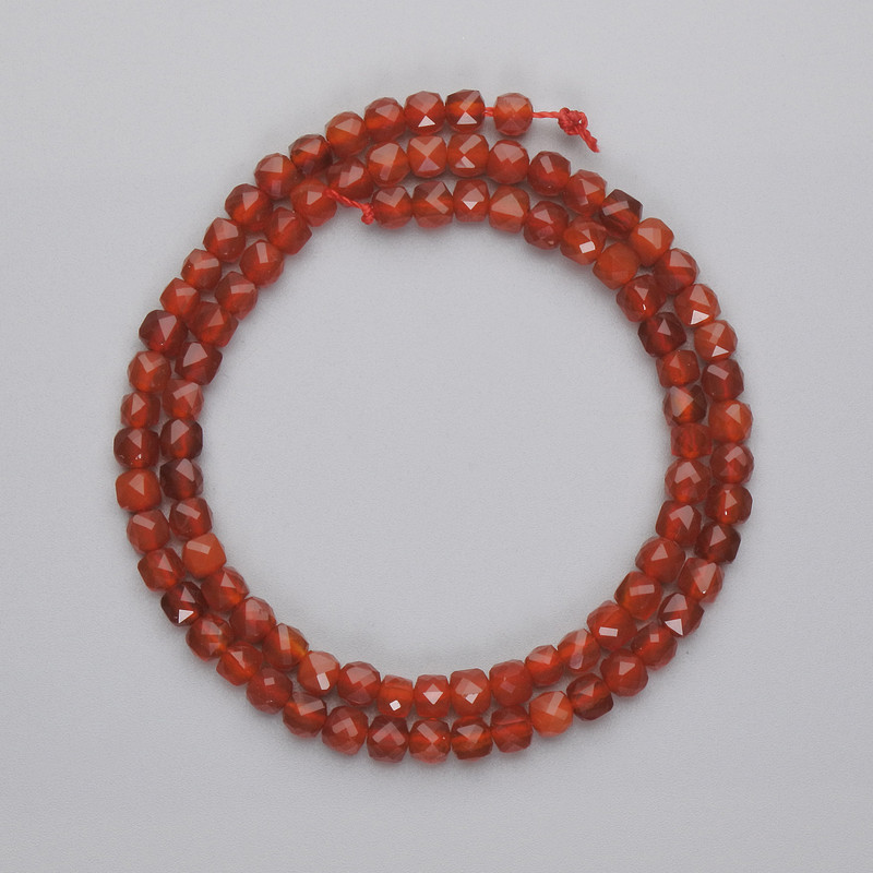 Carnelian beads, faceted cube, 4x4 mm, about 38 cm length on thread
