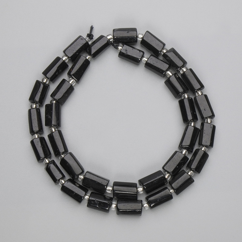 Black Tourmaline Beads, Faceted, Diameter 8-10×6 mm, 5-7 mm Seed Beads, Length 39 cm on Thread