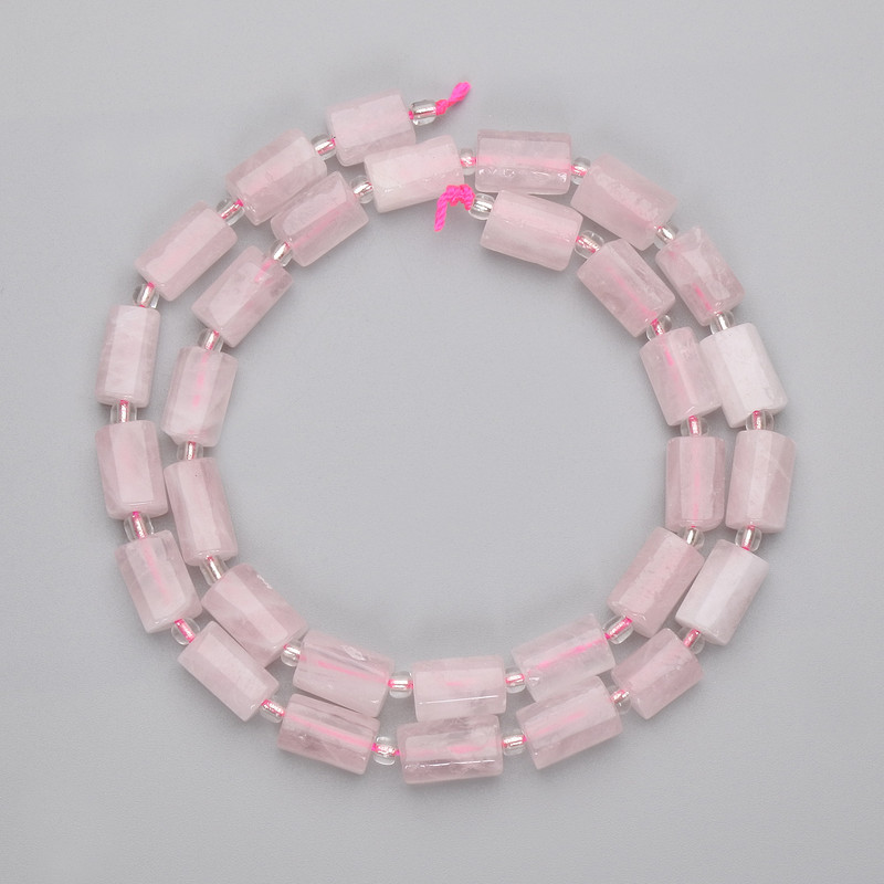 Pink Quartz Beads, Faceted, 9-11×7 mm, with 3 mm seed beads, on thread, 39 cm long