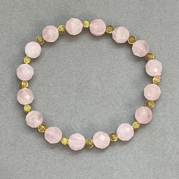 Pink Quartz Bracelet with Faceted Beads, 8mm Diameter, 18 cm Stretch