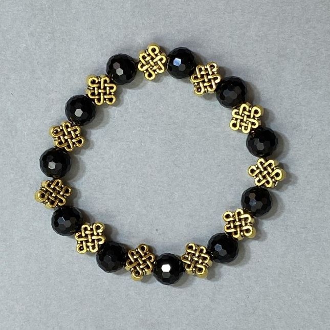 Agate Bracelet (Synthetic) with Czech Glass Faceted Beads, 9.5 mm Diameter, with Metal Inlays, 18 cm Length, Elastic