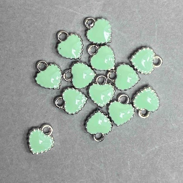 Heart-Shaped Pendant with Lime Enamel, Silver-Tone Metal, 7×8 mm, Pack of 13