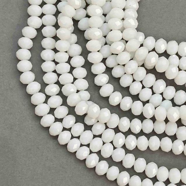 White Matte Czech Crystal Beads on Fishing Line, Faceted Rondelle, 8×6 mm, 39 cm long