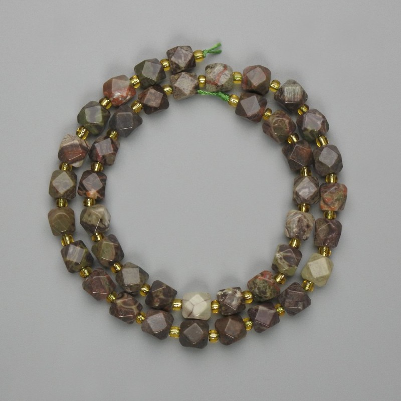 Landscape Jasper Beads, Faceted, 7×7 mm diameter, 3 mm seed beads, length 37 cm, on thread