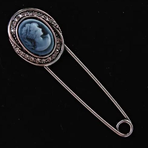 Cameo Brooch Pin with Gray Rhinestones, Silver-Tone Metal 20x72mm
