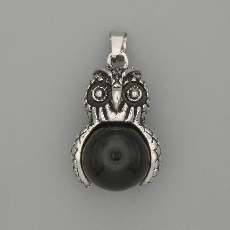 Pendant Owl with black agate and silvery metal, diameter 30x20 mm, length 37 mm ±