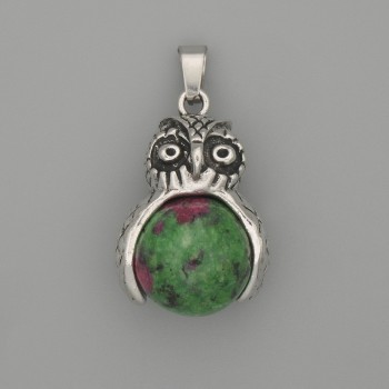 Owl Pendant Zoisite, Silver-Toned Metal, 30x20 mm diameter ±, 37 mm length ±