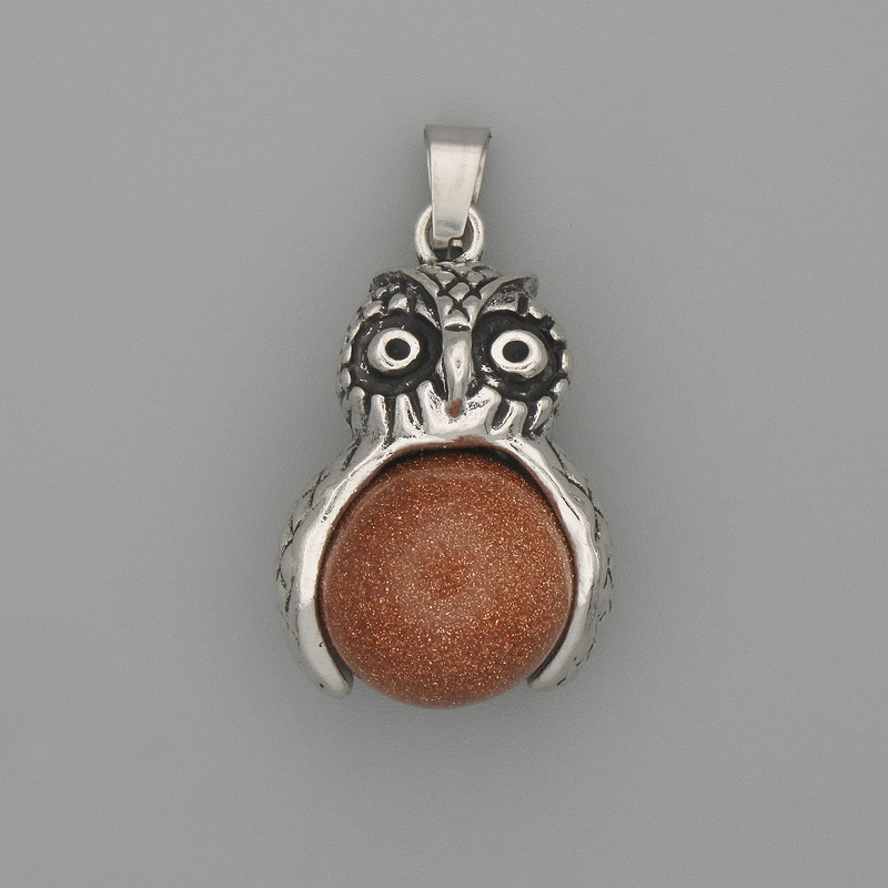 Owl Pendant with Aventurine Gold Sand - Silver-tone Metal, Diameter 30×20 mm, Length 37 mm ±