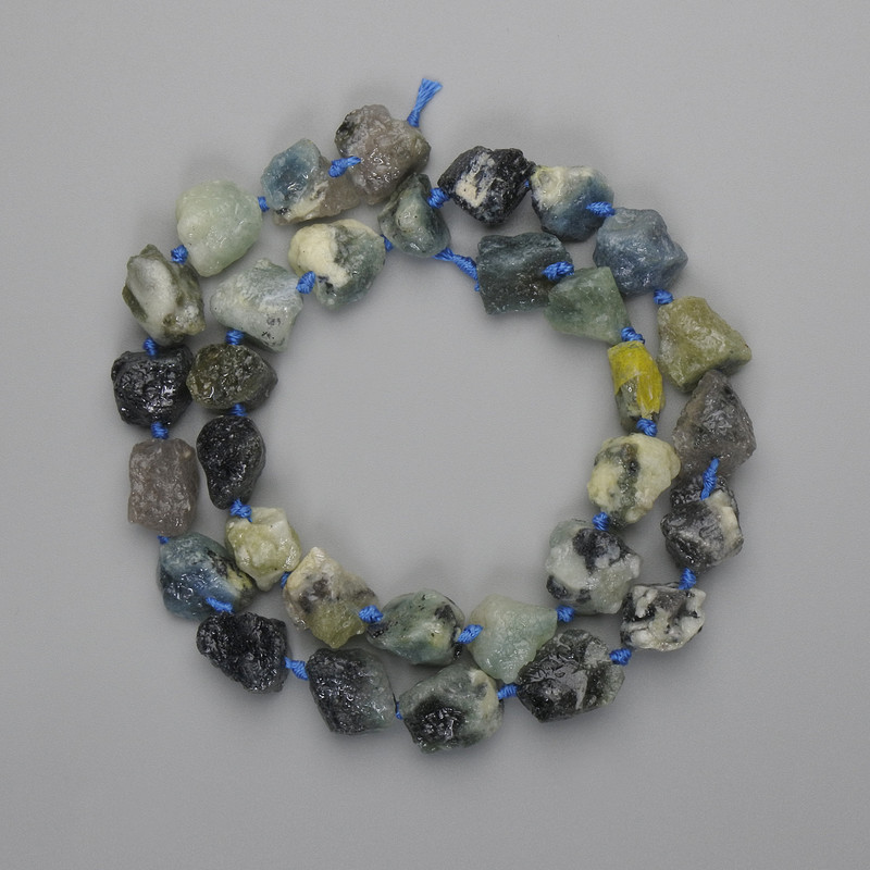 Blue tourmaline beads, unpolished stones, 9–12×8–11 mm, length 41 cm