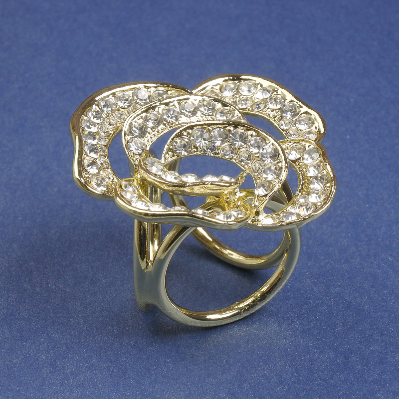 Brooch clip for scarves and shawls, white crystals, flower shape, 33 mm +/- gold-tone metal, clip, 22 mm diameter