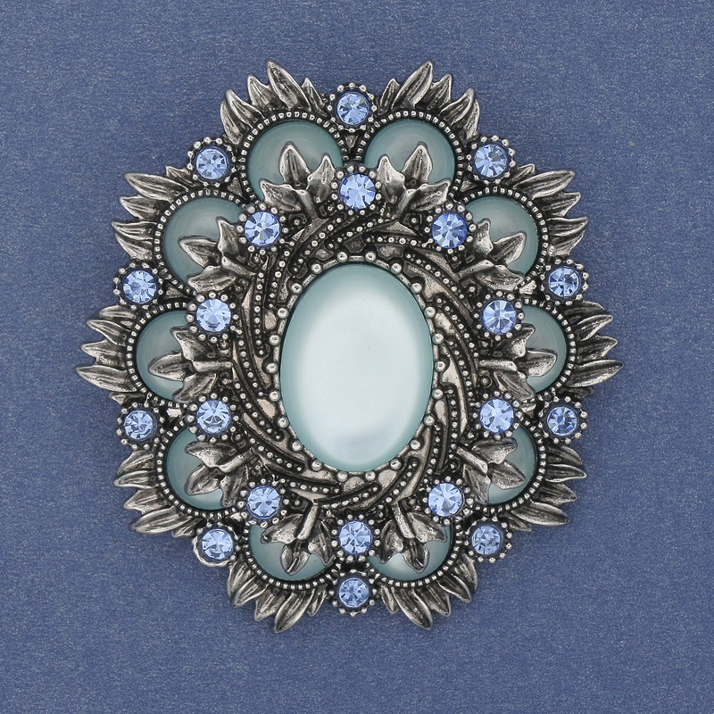 Accent Brooch-Pendant with Cat's Eye Stone, Blue Rhinestones, Silver-Toned Metal 54×47 mm+