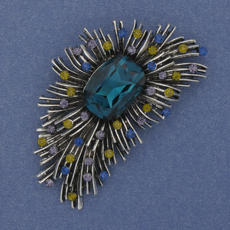 Accent Brooch-Pendant with Green Crystal, Rhinestones, Dark Silver Color, Silver-Toned Metal, 60x35 mm