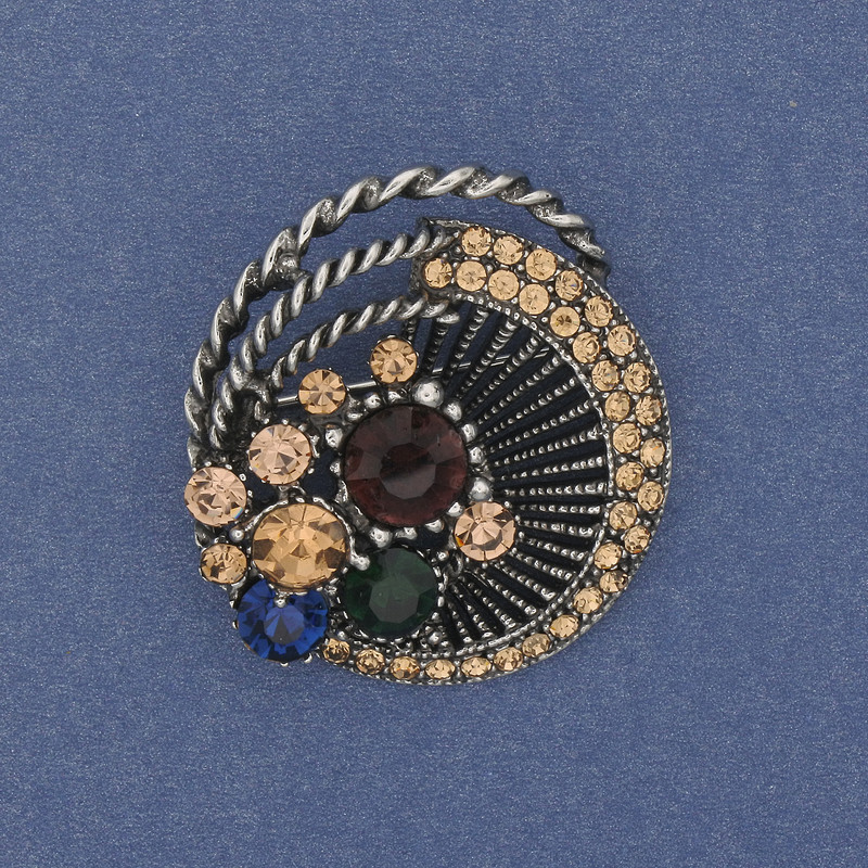 Accent Brooch with Crystals, Silver-Toned Metal, 32×36 mm+