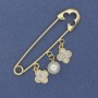 Brooch pin with pendants, pearl and four-leaf clover, 68x17 mm, gold-toned metal
