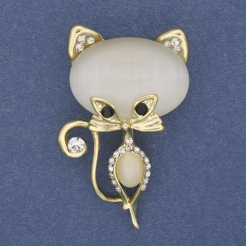 Cat Brooch with White Cat's Eye, White Rhinestones, Gold-Tone Metal, 45x25mm+