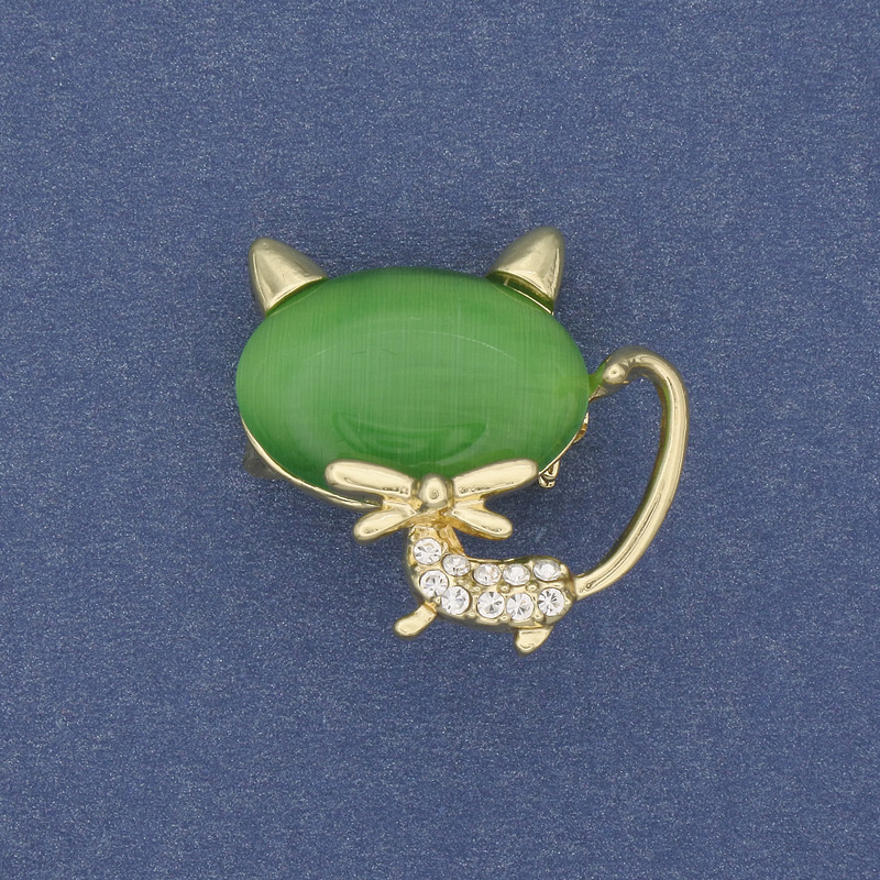 Cat Brooch Pendant with Green Cat's Eye, Gold-tone Metal, 26×27 mm+
