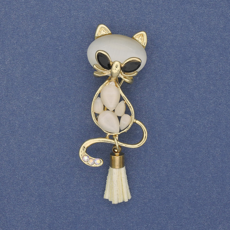 Brooch-pendant Cat with Bone, Cat's Eye, gold-toned metal, 43×17 mm+