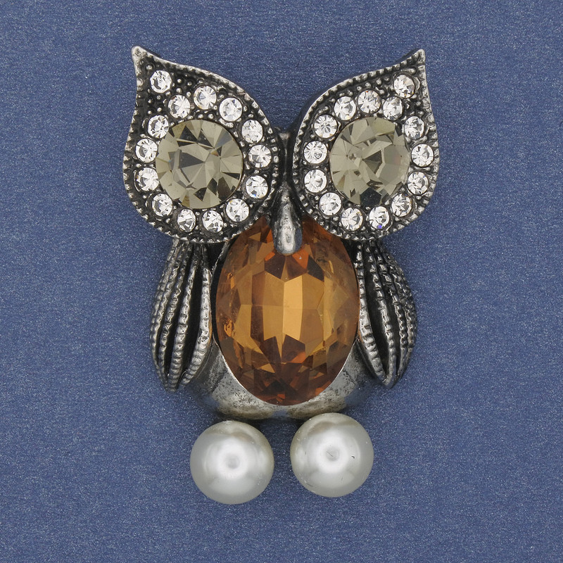 Brooch 'Owl' with Yellow Crystal and White Rhinestones, Silver-Toned Metal, Diameter 42×29 mm+
