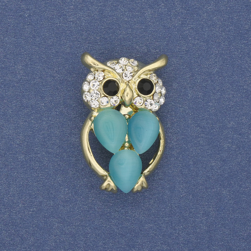 Brooch 'Owl Cat's Eye' with white crystals, gold-toned metal, diameter 15mm±, length 25mm±