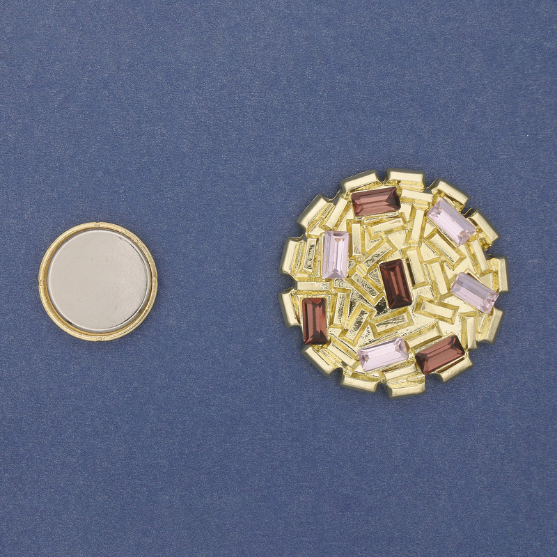 Accent Magnetic Brooch with Colored Rhinestones, Gold-Tone Metal, 40mm+