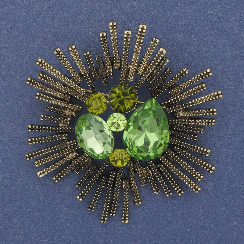 Accent Brooch-Pendant with Green Crystals, Bronze-Gold Metal, 60mm+