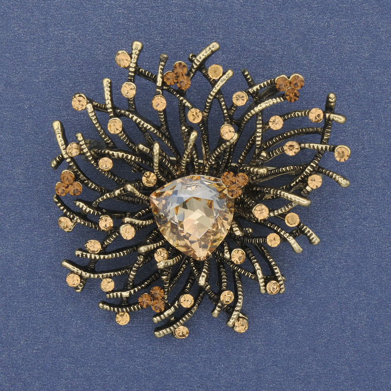 Accent Brooch-Pendant with Yellow Crystal, Yellow Rhinestones, Gold-Tone Metal, 47×42 mm