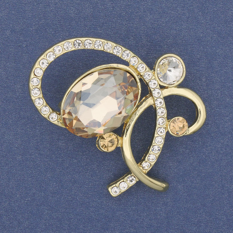 Brooch Accent with Yellow Crystal, White Rhinestones, Golden Metal, 43x35 mm+