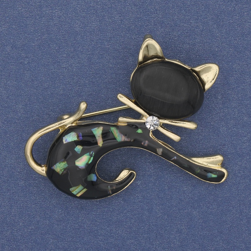 Cat Brooch with Chalcedony and Cat's Eye in Gold-Toned Metal 43×34 mm+