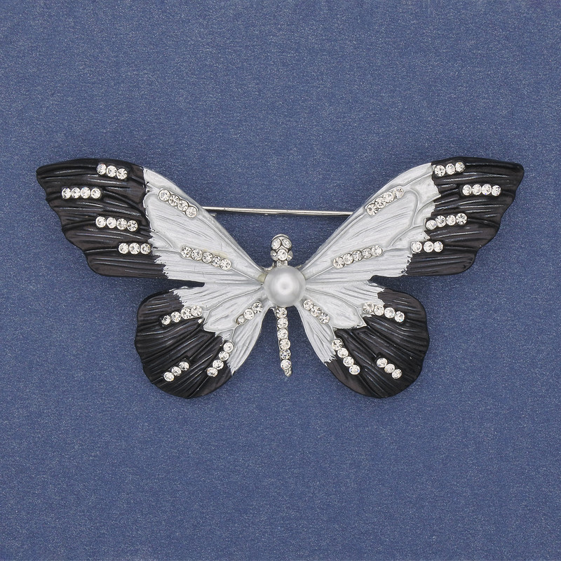 Butterfly Brooch with White Crystals, Enamel, Silver-Tone Metal 60×35 mm