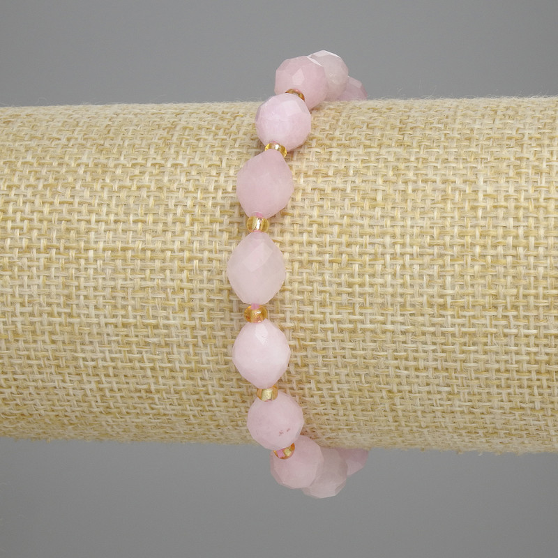 Pink Quartz Bracelet with Faceted Beads, 10×8 mm ±, Seed Beads 3 mm ±, Length 18 cm ±, Stretch