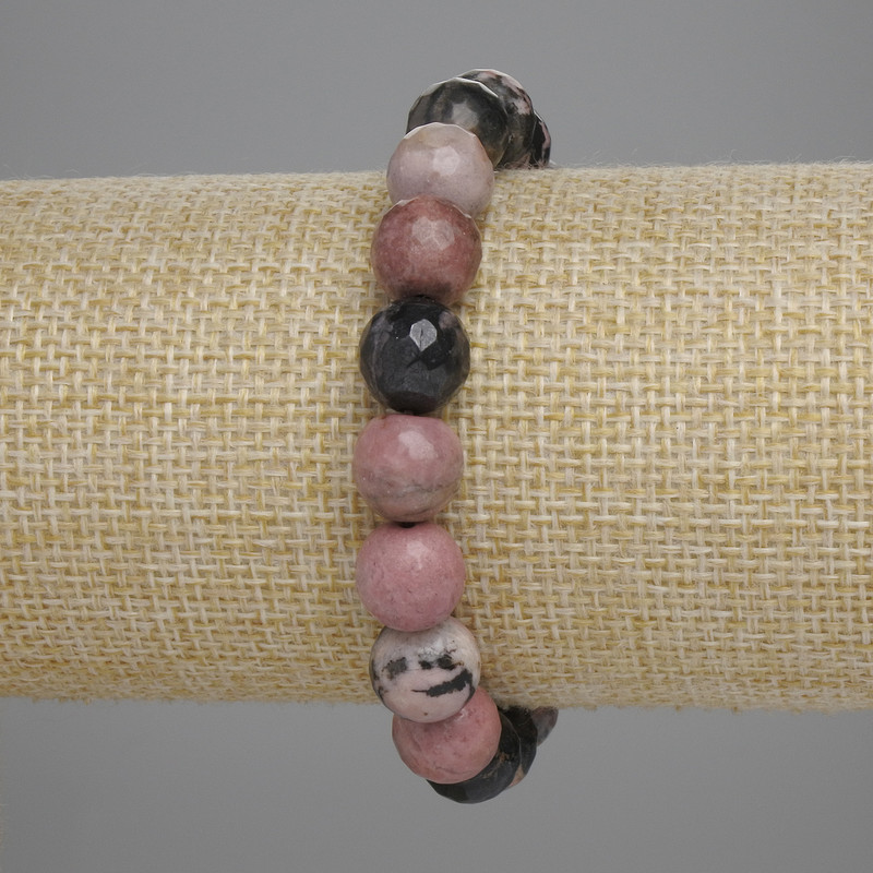 Rhodonite Bracelet with Faceted Beads, 10mm Diameter, 18cm Length, Stretch