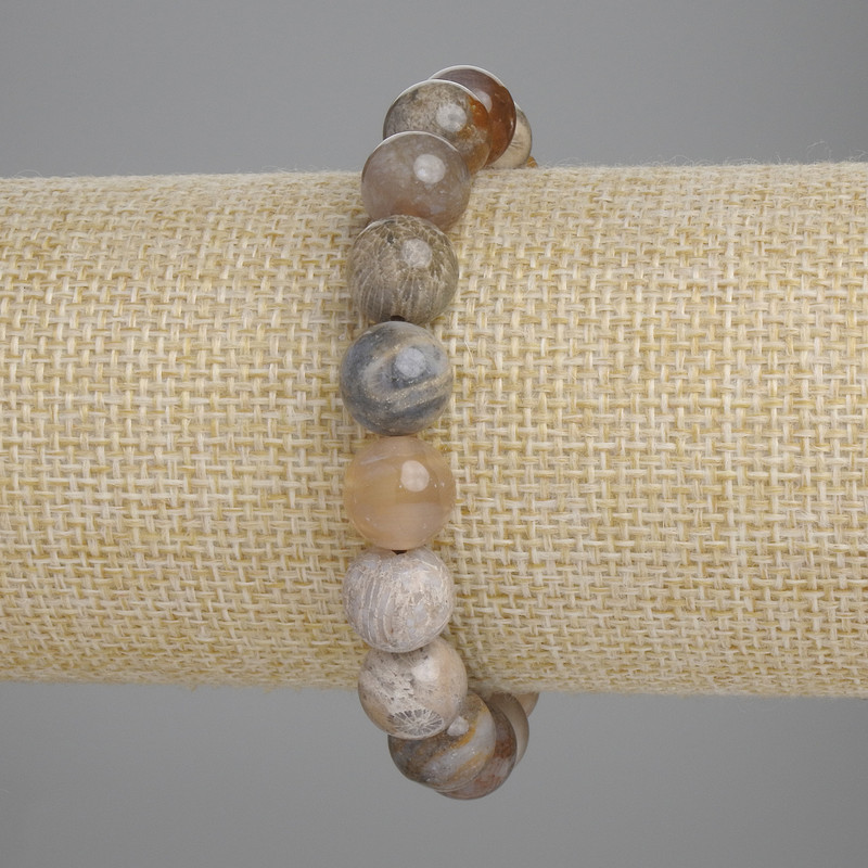 Petrified Coral Bracelet with Smooth Beads, 10 mm Diameter, 18 cm Length, Stretch
