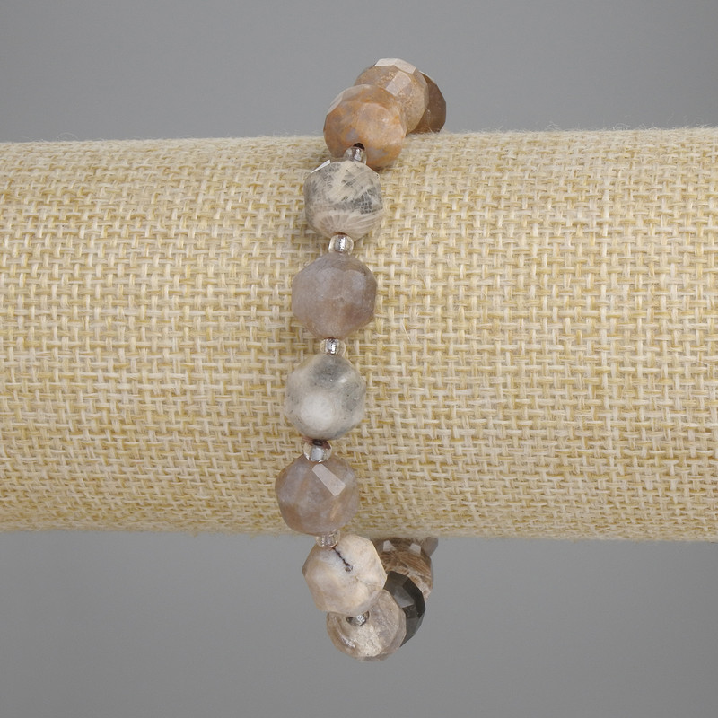 Fossilized Coral Bracelet with Faceted Beads, 10×9 mm, 3 mm seed beads, Stretch, 18 cm long