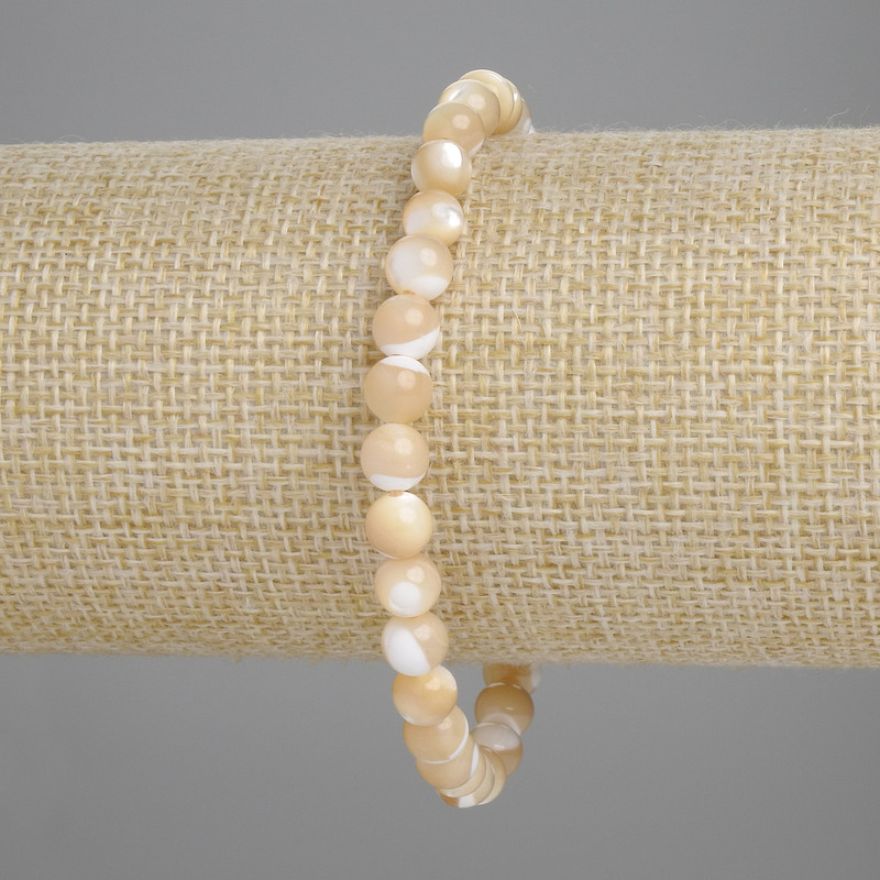 Beige Mother-of-Pearl Bracelet, Smooth Beads, 6 mm Diameter, 18 cm Length, Stretch