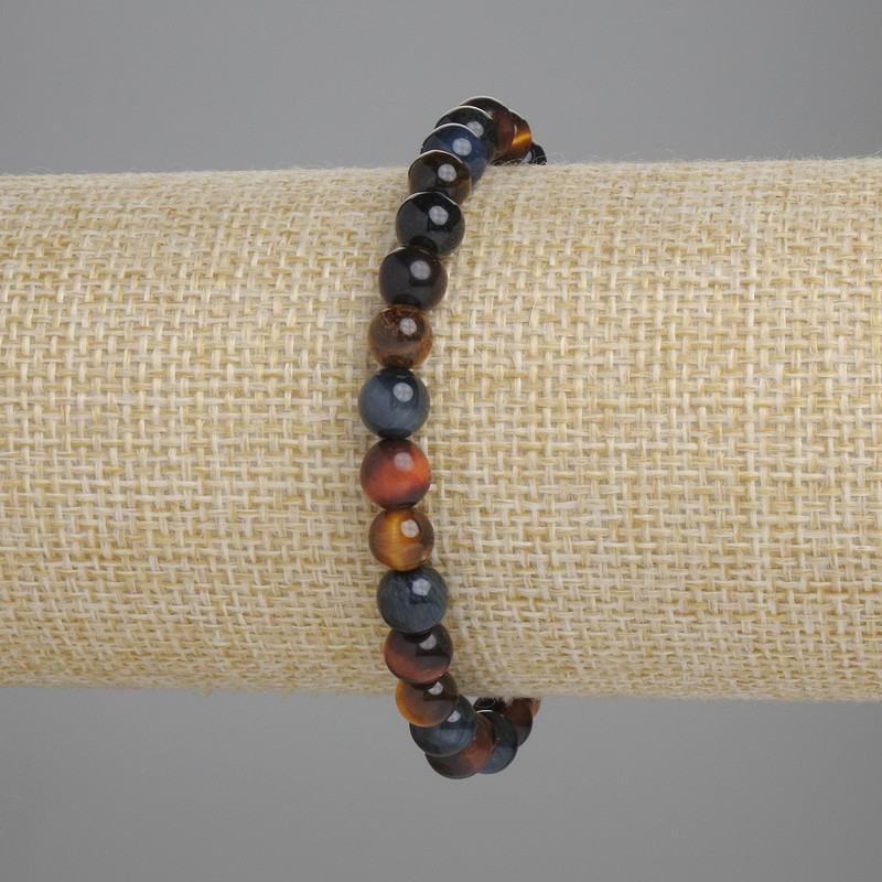 Bracelet with Bull's Eye, Tiger's Eye and Hawk's Eye beads, smooth 6 mm beads, 18 cm length, stretch