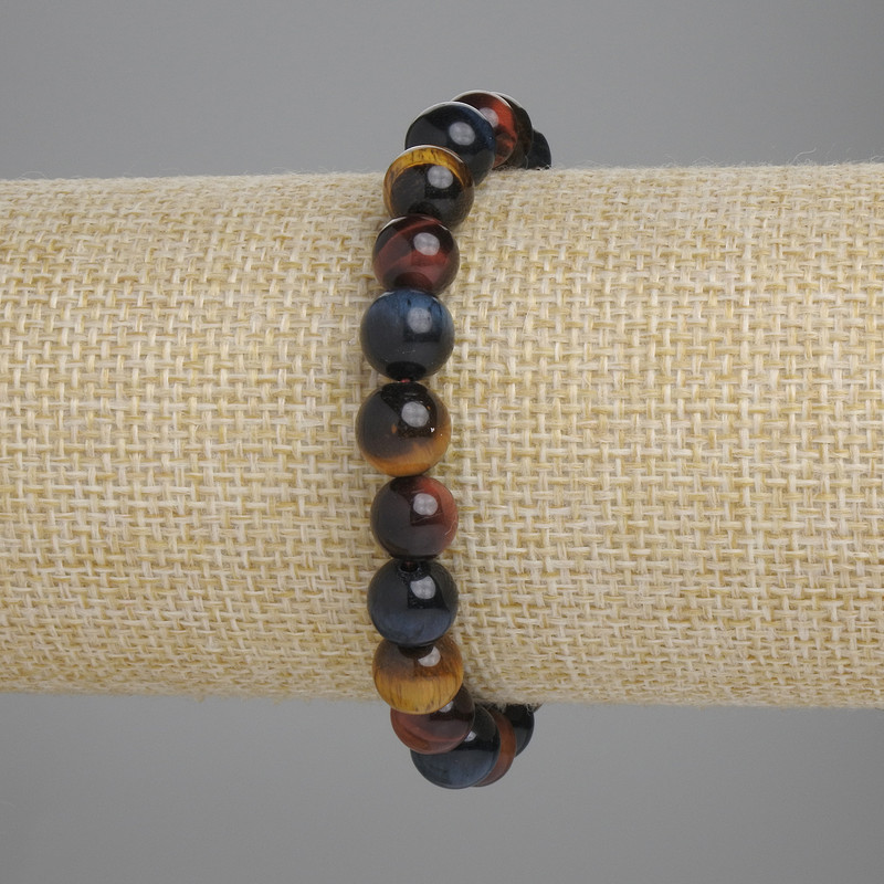 Elastic Bracelet with Bull's Eye, Tiger's Eye, and Hawk's Eye - Smooth Beads, 8 mm Diameter, 18 cm Length