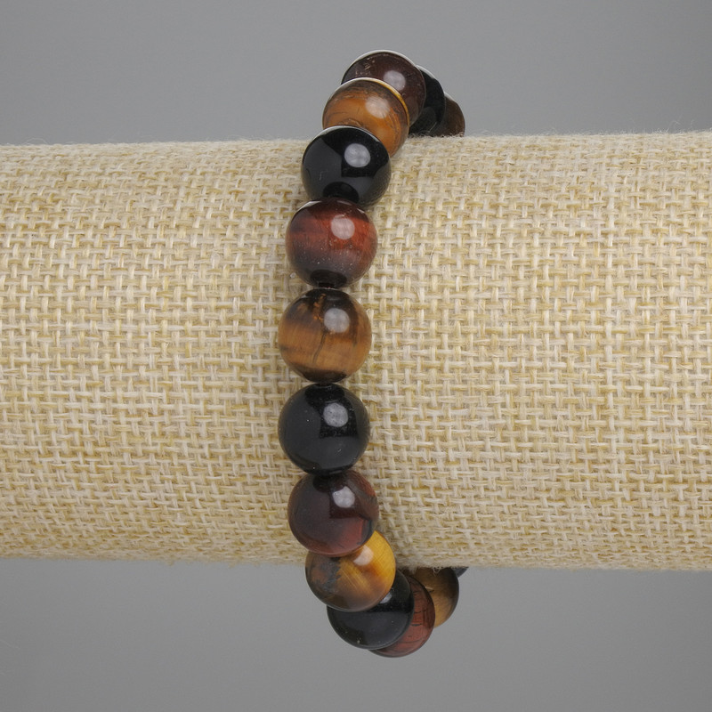 Elastic bracelet with Bull's-Eye, Tiger's Eye, and Hawk's Eye beads, smooth 10 mm beads, 18 cm length