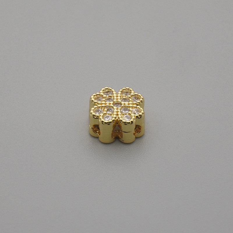 Bead Insert, Clover-Shaped, with Crystals, Gold-Tone, 7×7 mm Diameter ±, 1 mm Hole Diameter ±, per 1 piece
