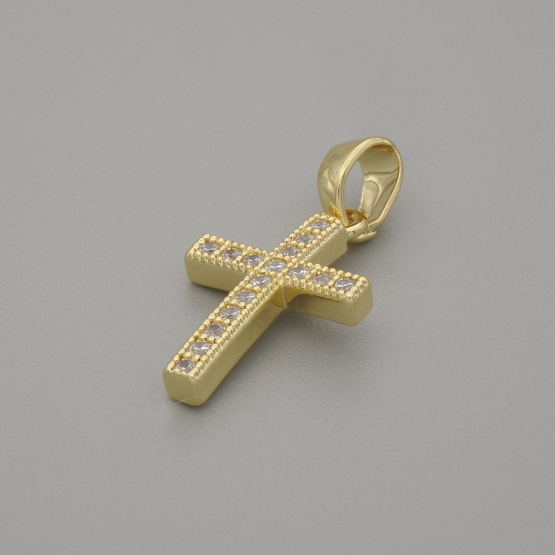 Pendant Cross with White Crystals in Golden Metal, 16×10 mm diameter, 20 mm length ±