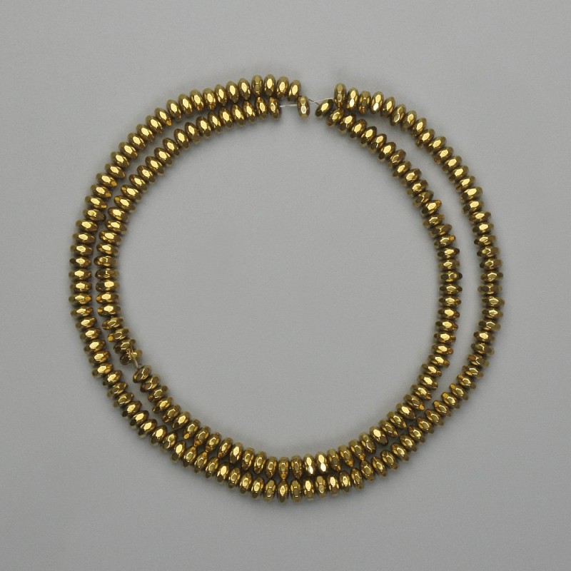 Hematite beads, faceted rondelle, 4×2 mm ± gold color, length 40 cm+