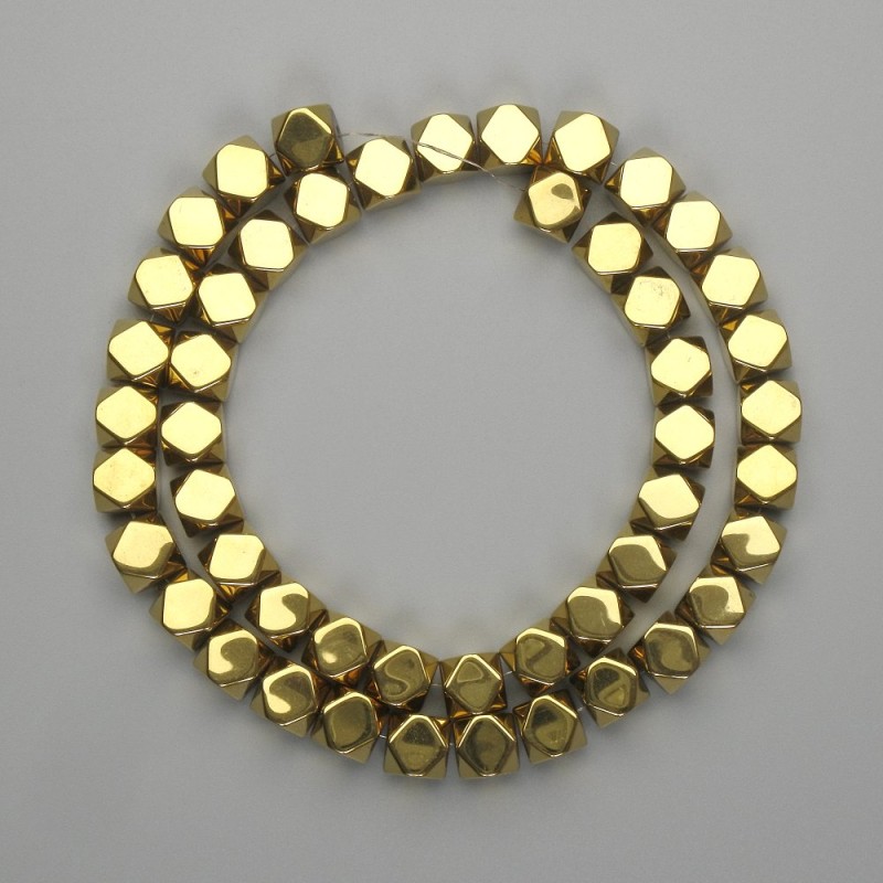 Hematite beads, faceted 8x8 mm, gold color, length 39 cm+