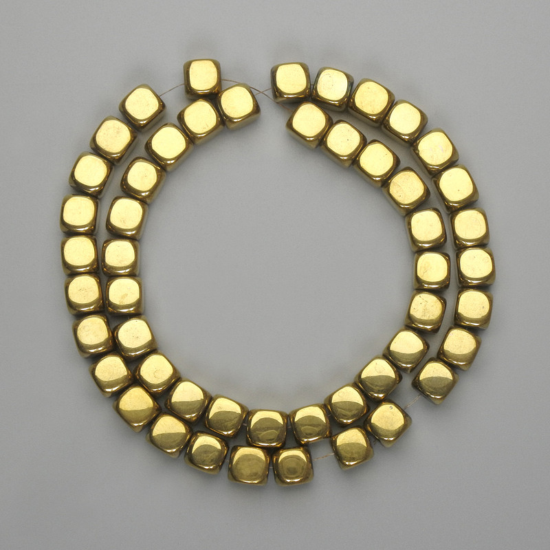 Hematite cube beads, golden color, 7.5×7.5 mm, length 39 cm+