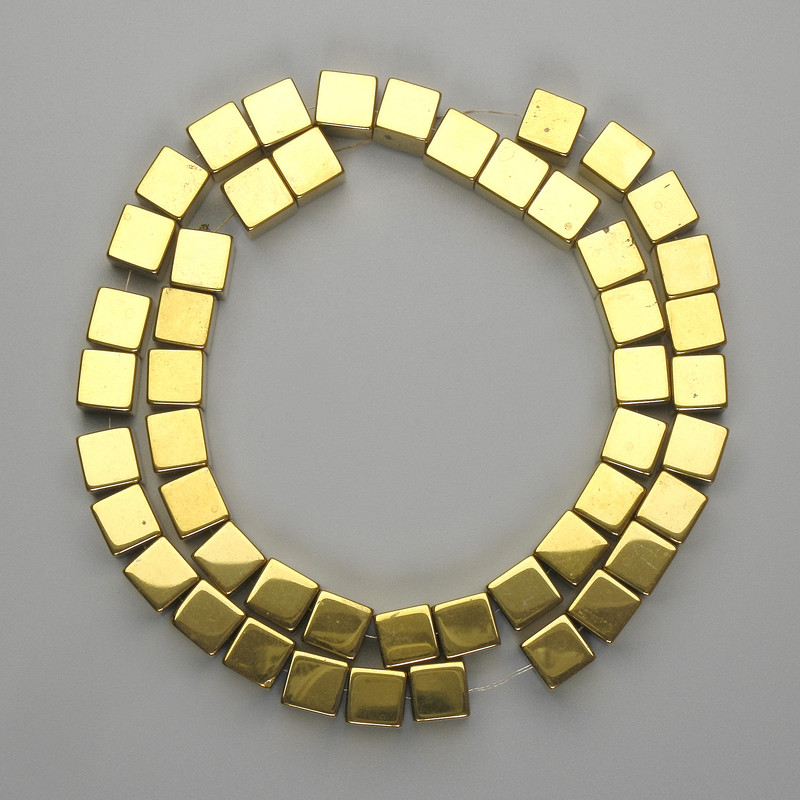 Hematite beads, golden color, cube shape, 8×8 mm, length 40 cm ±