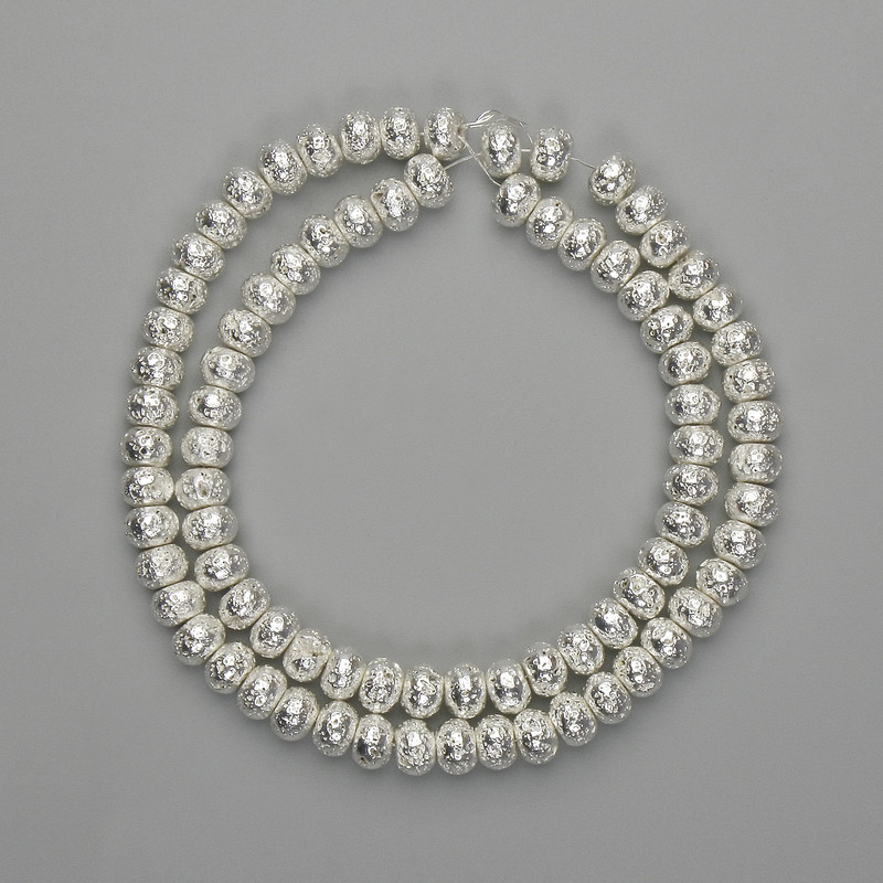 Lava Beads with Silver-Plated Metal Finish, Porous Rondelle 6x4.5 mm, Length 38 cm ±