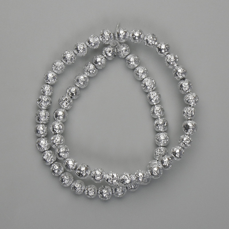 Lava beads with a silver metallic coating, porous bead 6.5 mm +-, length 37 cm+