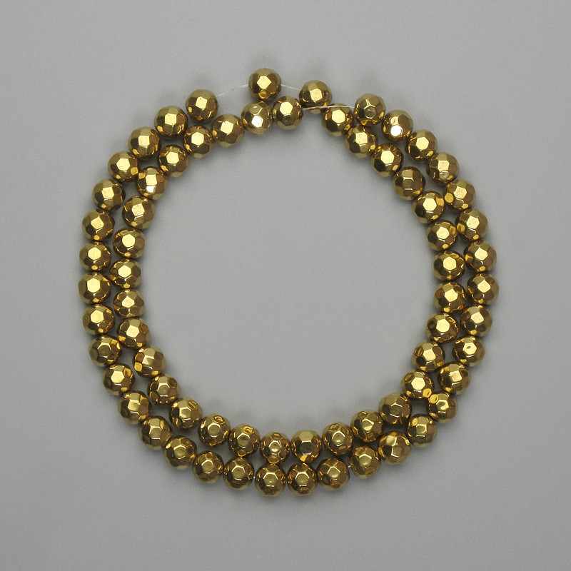 Hematite beads, golden color, faceted rounds 6 mm ±, length 38 cm+