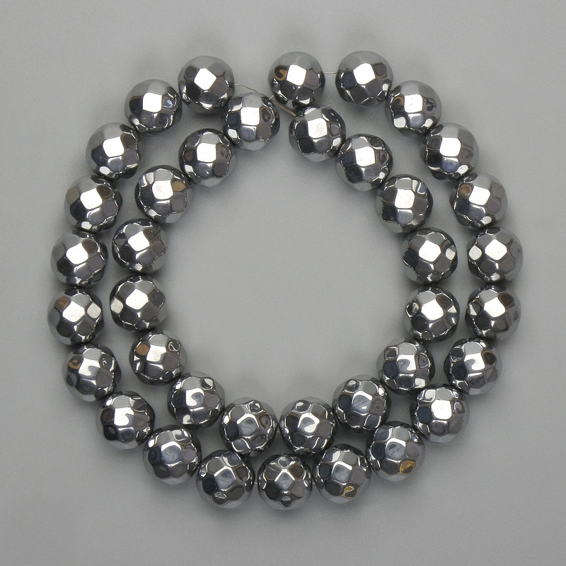 Hematite Beads, Faceted Ball 10mm ± Silver, Length 38 cm+